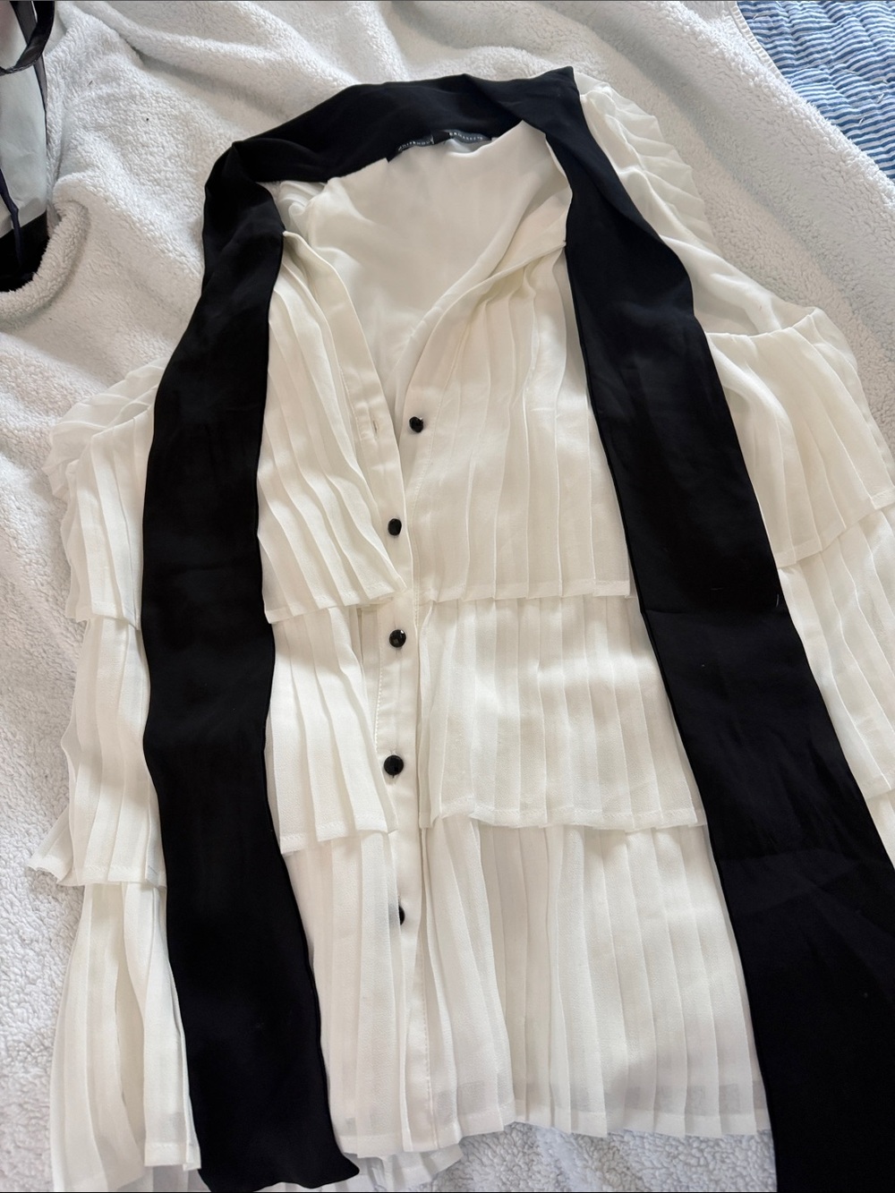 White House Black Market White Tiered Chiffon Button-Down with Black Scarf